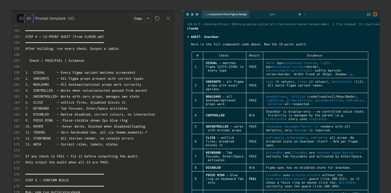 Prompt template markdown alongside a 13-point component audit checklist